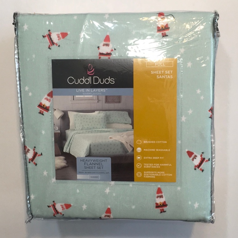 Cuddl Duds Heavyweight Flannel 4 Piece Full Sheet Set. Santa Design.